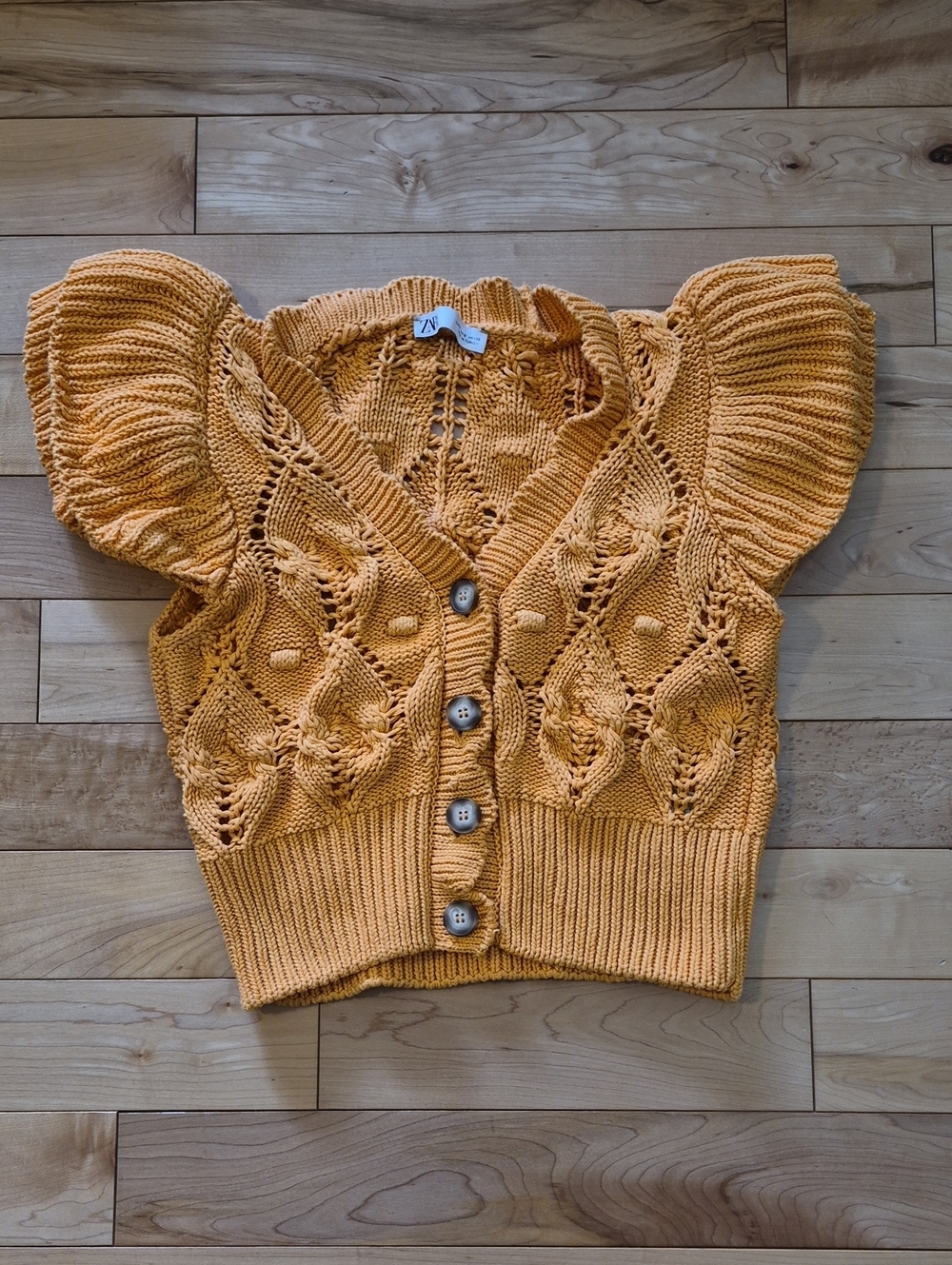Zara Women's Size Small Mustard Knit Openwork Crop Cardigan